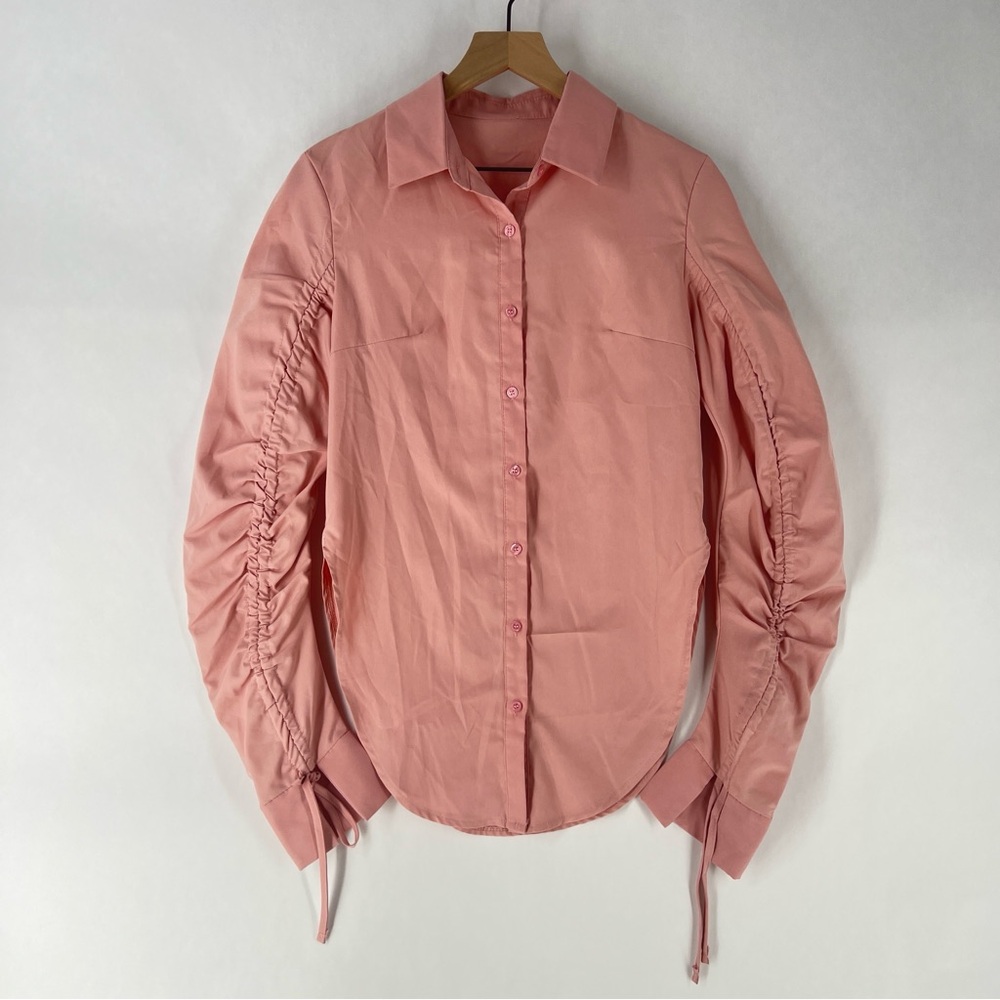 Emory Rose Pink Ruched Sleeve Women Long Line Button Front Top Side Slits Size M